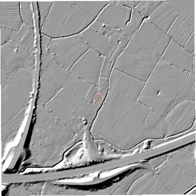 Shaded relief map of the ground around BS354HB, computed from Environment Agency LiDAR. The ground here sits at about 6 m above sea level and falls 13 m across the surrounding 800 m. Surface water reaching this point runs off ground lying to the west, 1.0 m higher.