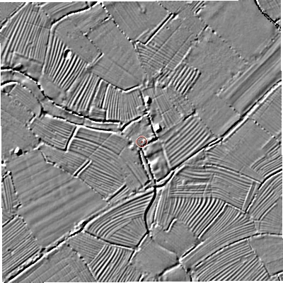 Shaded relief map of the ground around BS354HD, computed from Environment Agency LiDAR. The ground here sits at about 7 m above sea level and falls 4 m across the surrounding 800 m. Surface water reaching this point runs off ground lying to the north-east, 4.1 m higher.