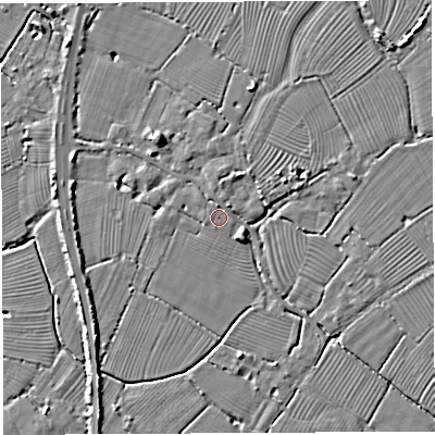 Shaded relief map of the ground around BS354HF, computed from Environment Agency LiDAR. The ground here sits at about 7 m above sea level and falls 5 m across the surrounding 800 m. Surface water reaching this point runs off ground lying to the west-north-west, 1.2 m higher.