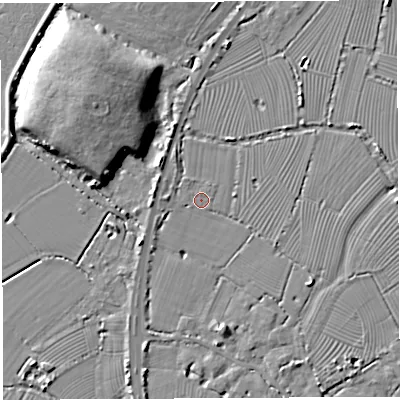 Shaded relief map of the ground around BS354HG, computed from Environment Agency LiDAR. The ground here sits at about 7 m above sea level and falls 13 m across the surrounding 800 m. Surface water reaching this point runs off ground lying to the west-north-west, 1.0 m higher.