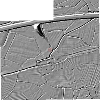 Shaded relief map of the ground around BS354HH, computed from Environment Agency LiDAR. The ground here sits at about 7 m above sea level and falls 10 m across the surrounding 800 m. Surface water reaching this point runs off ground lying to the north-north-west, 10.3 m higher.