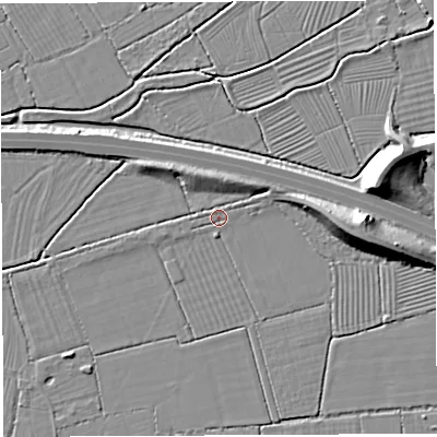 Shaded relief map of the ground around BS354HJ, computed from Environment Agency LiDAR. The ground here sits at about 7 m above sea level and falls 12 m across the surrounding 800 m. Surface water reaching this point runs off ground lying to the north-east, 3.4 m higher.