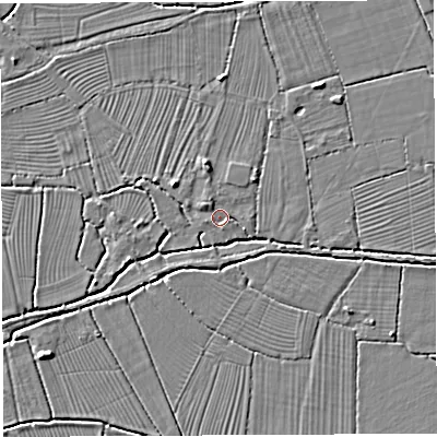 Shaded relief map of the ground around BS354HL, computed from Environment Agency LiDAR. The ground here sits at about 6 m above sea level and falls 4 m across the surrounding 800 m. Surface water reaching this point runs off ground lying to the north-west, 2.0 m higher.