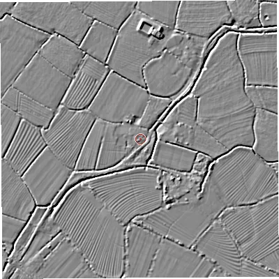 Shaded relief map of the ground around BS354HN, computed from Environment Agency LiDAR. The ground here sits at about 7 m above sea level and falls 4 m across the surrounding 800 m. Surface water reaching this point runs off ground lying to the south-south-east, 0.9 m higher.