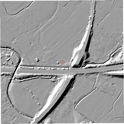 Shaded relief map of the ground around BS354HP, computed from Environment Agency LiDAR. The ground here sits at about 6 m above sea level and falls 15 m across the surrounding 800 m. Surface water reaching this point runs off ground lying to the east, 10.4 m higher.