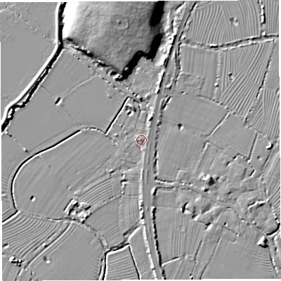 Shaded relief map of the ground around BS354HW, computed from Environment Agency LiDAR. The ground here sits at about 7 m above sea level and falls 13 m across the surrounding 800 m. Surface water reaching this point runs off ground lying to the east-north-east, 1.1 m higher.