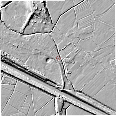 Shaded relief map of the ground around BS354HZ, computed from Environment Agency LiDAR. The ground here sits at about 7 m above sea level and falls 15 m across the surrounding 800 m. Surface water reaching this point runs off ground lying to the south-east, 4.0 m higher.