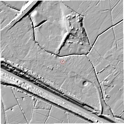 Shaded relief map of the ground around BS354JA, computed from Environment Agency LiDAR. The ground here sits at about 7 m above sea level and falls 18 m across the surrounding 800 m. Surface water reaching this point runs off ground lying to the south, 1.1 m higher.