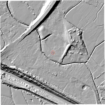 Shaded relief map of the ground around BS354JE, computed from Environment Agency LiDAR. The ground here sits at about 7 m above sea level and falls 21 m across the surrounding 800 m. Surface water reaching this point runs off ground lying to the east-south-east, 1.0 m higher.