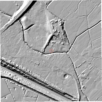 Shaded relief map of the ground around BS354JF, computed from Environment Agency LiDAR. The ground here sits at about 7 m above sea level and falls 19 m across the surrounding 800 m. Surface water reaching this point runs off ground lying to the north, 9.2 m higher.