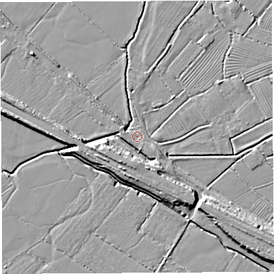 Shaded relief map of the ground around BS354JH, computed from Environment Agency LiDAR. The ground here sits at about 7 m above sea level and falls 8 m across the surrounding 800 m. Surface water reaching this point runs off ground lying to the south-east, 1.3 m higher.