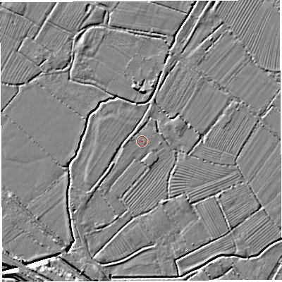 Shaded relief map of the ground around BS354JJ, computed from Environment Agency LiDAR. The ground here sits at about 6 m above sea level and falls 7 m across the surrounding 800 m. Surface water reaching this point runs off ground lying to the north, 4.1 m higher.