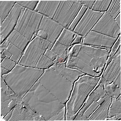 Shaded relief map of the ground around BS354JL, computed from Environment Agency LiDAR. The ground here sits at about 7 m above sea level and falls 5 m across the surrounding 800 m. Surface water reaching this point runs off ground lying to the south-west, 0.9 m higher.