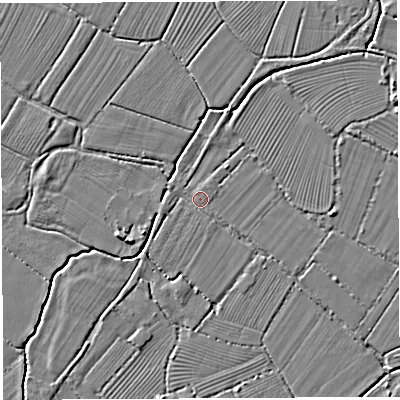 Shaded relief map of the ground around BS354JN, computed from Environment Agency LiDAR. The ground here sits at about 6 m above sea level and falls 4 m across the surrounding 800 m. Surface water reaching this point runs off ground lying to the south-east, 1.1 m higher.