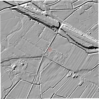 Shaded relief map of the ground around BS354JP, computed from Environment Agency LiDAR. The ground here sits at about 7 m above sea level and falls 8 m across the surrounding 800 m. Surface water reaching this point runs off ground lying to the west, 1.0 m higher.
