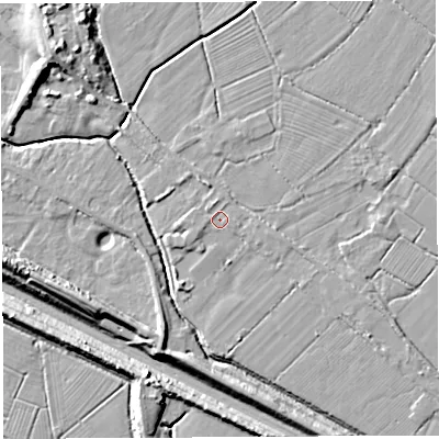 Shaded relief map of the ground around BS354JQ, computed from Environment Agency LiDAR. The ground here sits at about 7 m above sea level and falls 13 m across the surrounding 800 m. Surface water reaching this point runs off ground lying to the west-south-west, 0.6 m higher.