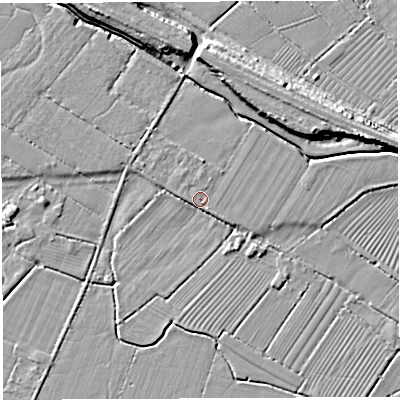 Shaded relief map of the ground around BS354JR, computed from Environment Agency LiDAR. The ground here sits at about 7 m above sea level and falls 8 m across the surrounding 800 m. Surface water reaching this point runs off ground lying to the south-south-east, 2.0 m higher.