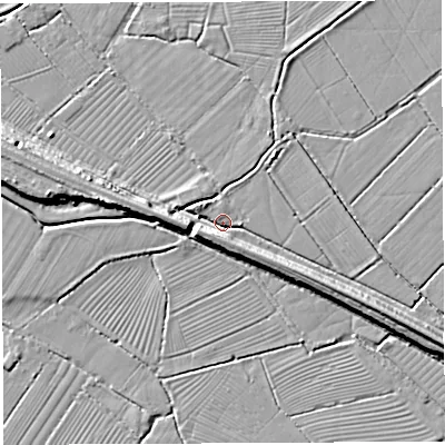 Shaded relief map of the ground around BS354JS, computed from Environment Agency LiDAR. The ground here sits at about 7 m above sea level and falls 10 m across the surrounding 800 m. Surface water reaching this point runs off ground lying to the south-west, 6.5 m higher.