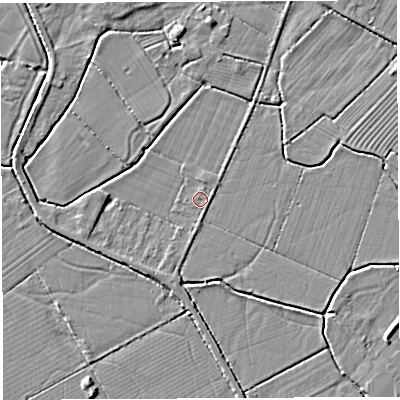 Shaded relief map of the ground around BS354JT, computed from Environment Agency LiDAR. The ground here sits at about 6 m above sea level and falls 3 m across the surrounding 800 m. Surface water reaching this point runs off ground lying to the south-south-west, 1.1 m higher.