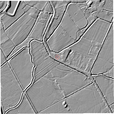 Shaded relief map of the ground around BS354JU, computed from Environment Agency LiDAR. The ground here sits at about 6 m above sea level and falls 4 m across the surrounding 800 m. Surface water reaching this point runs off ground lying to the south-west, 1.4 m higher.