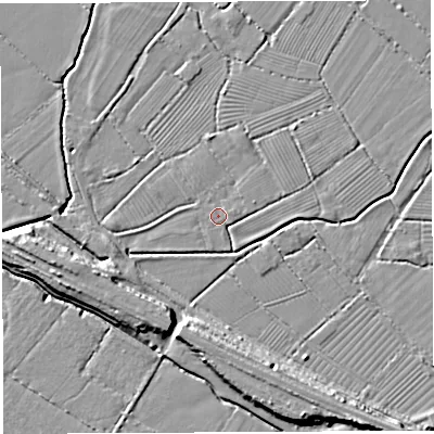 Shaded relief map of the ground around BS354JW, computed from Environment Agency LiDAR. The ground here sits at about 6 m above sea level and falls 8 m across the surrounding 800 m. Surface water reaching this point runs off ground lying to the west-south-west, 2.3 m higher.