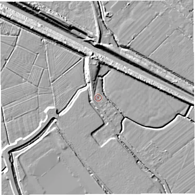 Shaded relief map of the ground around BS354JX, computed from Environment Agency LiDAR. The ground here sits at about 7 m above sea level and falls 14 m across the surrounding 800 m. Surface water reaching this point runs off ground lying to the west-south-west, 3.6 m higher.
