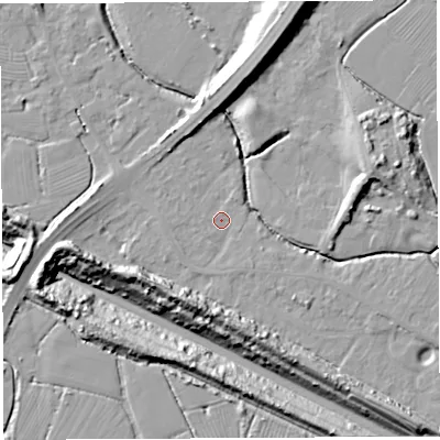 Shaded relief map of the ground around BS354LE, computed from Environment Agency LiDAR. The ground here sits at about 6 m above sea level and falls 23 m across the surrounding 800 m. Surface water reaching this point runs off ground lying to the east-south-east, 1.4 m higher.