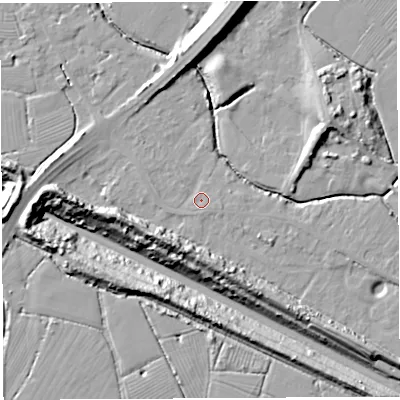 Shaded relief map of the ground around BS354LF, computed from Environment Agency LiDAR. The ground here sits at about 6 m above sea level and falls 22 m across the surrounding 800 m. Surface water reaching this point runs off ground lying to the east-south-east, 1.3 m higher.