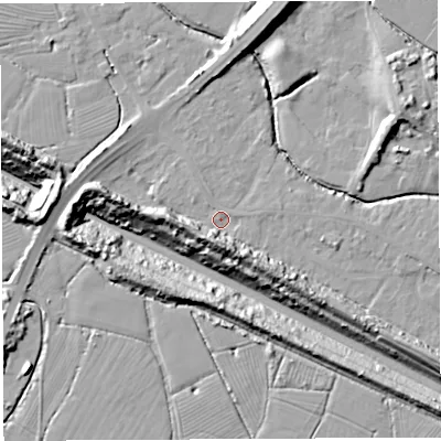 Shaded relief map of the ground around BS354LG, computed from Environment Agency LiDAR. The ground here sits at about 6 m above sea level and falls 22 m across the surrounding 800 m. Surface water reaching this point runs off ground lying to the south-south-west, 7.4 m higher.