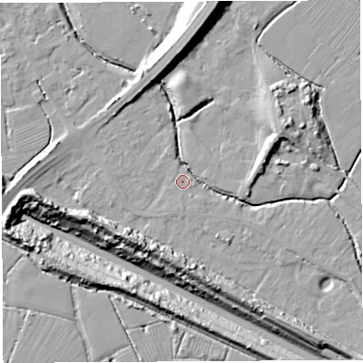 Shaded relief map of the ground around BS354LL, computed from Environment Agency LiDAR. The ground here sits at about 7 m above sea level and falls 21 m across the surrounding 800 m. Surface water reaching this point runs off ground lying to the east-south-east, 1.1 m higher.