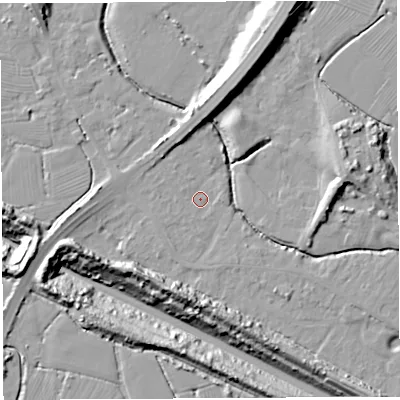 Shaded relief map of the ground around BS354LN, computed from Environment Agency LiDAR. The ground here sits at about 6 m above sea level and falls 23 m across the surrounding 800 m. Surface water reaching this point runs off ground lying to the south-south-west, 8.6 m higher.