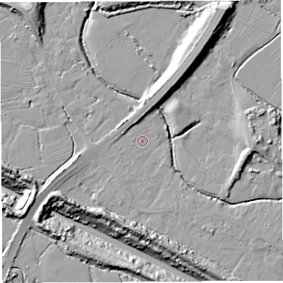 Shaded relief map of the ground around BS354LP, computed from Environment Agency LiDAR. The ground here sits at about 6 m above sea level and falls 24 m across the surrounding 800 m. Surface water reaching this point runs off ground lying to the north, 4.7 m higher.