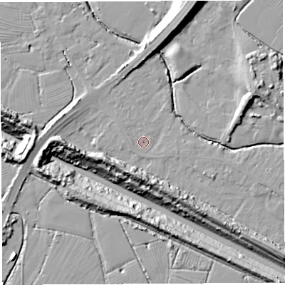 Shaded relief map of the ground around BS354LQ, computed from Environment Agency LiDAR. The ground here sits at about 6 m above sea level and falls 22 m across the surrounding 800 m. Surface water reaching this point runs off ground lying to the east, 1.4 m higher.