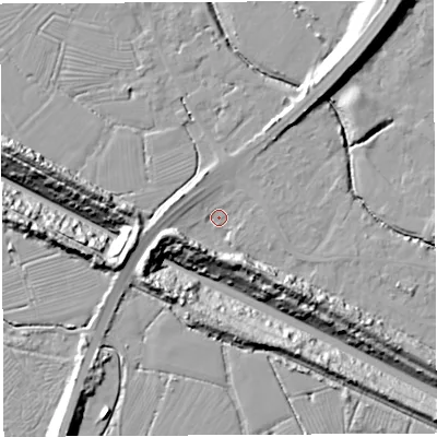 Shaded relief map of the ground around BS354LR, computed from Environment Agency LiDAR. The ground here sits at about 5 m above sea level and falls 24 m across the surrounding 800 m. Surface water reaching this point runs off ground lying to the south-east, 8.6 m higher.