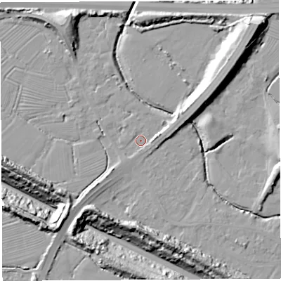Shaded relief map of the ground around BS354LT, computed from Environment Agency LiDAR. The ground here sits at about 6 m above sea level and falls 25 m across the surrounding 800 m. Surface water reaching this point runs off ground lying to the east-north-east, 4.5 m higher.