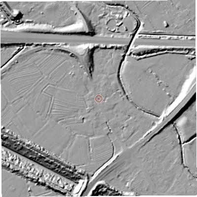 Shaded relief map of the ground around BS354LU, computed from Environment Agency LiDAR. The ground here sits at about 6 m above sea level and falls 28 m across the surrounding 800 m. Surface water reaching this point runs off ground lying to the north-north-west, 9.7 m higher.