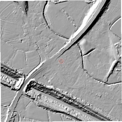 Shaded relief map of the ground around BS354LW, computed from Environment Agency LiDAR. The ground here sits at about 6 m above sea level and falls 25 m across the surrounding 800 m. Surface water reaching this point runs off ground lying to the north-north-west, 1.2 m higher.