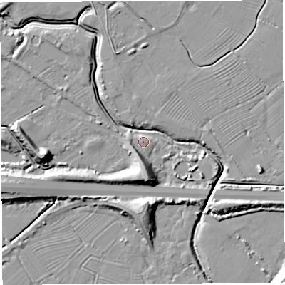 Shaded relief map of the ground around BS354LY, computed from Environment Agency LiDAR. The ground here sits at about 8 m above sea level and falls 15 m across the surrounding 800 m. Surface water reaching this point runs off ground lying to the south-south-west, 5.0 m higher.