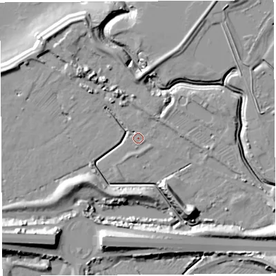 Shaded relief map of the ground around BS354LZ, computed from Environment Agency LiDAR. The ground here sits at about 7 m above sea level and falls 19 m across the surrounding 800 m. Surface water reaching this point runs off ground lying to the south-south-east, 13.4 m higher.