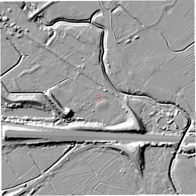 Shaded relief map of the ground around BS354NA, computed from Environment Agency LiDAR. The ground here sits at about 7 m above sea level and falls 16 m across the surrounding 800 m. Surface water reaching this point runs off ground lying to the north-east, 2.5 m higher.