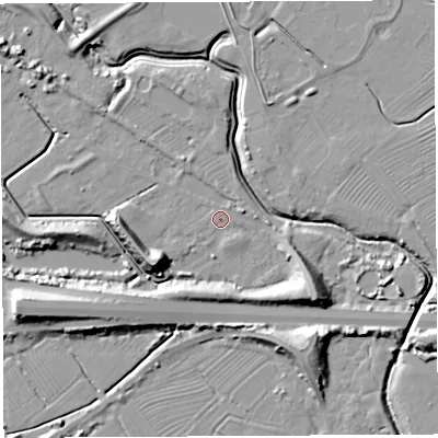 Shaded relief map of the ground around BS354NB, computed from Environment Agency LiDAR. The ground here sits at about 7 m above sea level and falls 16 m across the surrounding 800 m. Surface water reaching this point runs off ground lying to the east-north-east, 2.5 m higher.