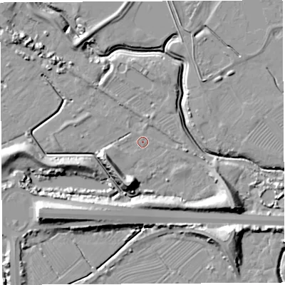 Shaded relief map of the ground around BS354ND, computed from Environment Agency LiDAR. The ground here sits at about 7 m above sea level and falls 16 m across the surrounding 800 m. Surface water reaching this point runs off ground lying to the south-south-west, 11.0 m higher.