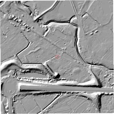 Shaded relief map of the ground around BS354NE, computed from Environment Agency LiDAR. The ground here sits at about 7 m above sea level and falls 16 m across the surrounding 800 m. Surface water reaching this point runs off ground lying to the south-south-west, 8.3 m higher.