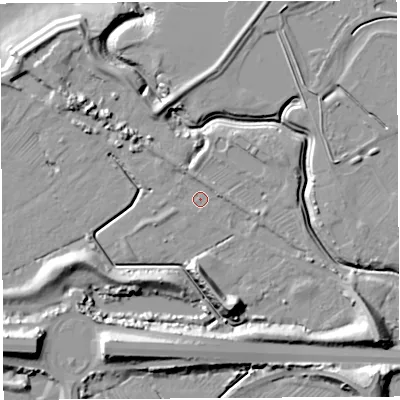 Shaded relief map of the ground around BS354NF, computed from Environment Agency LiDAR. The ground here sits at about 7 m above sea level and falls 19 m across the surrounding 800 m. Surface water reaching this point runs off ground lying to the north-north-west, 2.3 m higher.