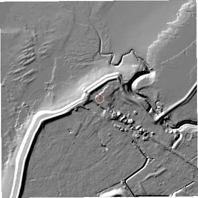 Shaded relief map of the ground around BS354NG, computed from Environment Agency LiDAR. The ground here sits at about 9 m above sea level and falls 18 m across the surrounding 800 m. Surface water reaching this point runs off ground lying to the north, 1.6 m higher.