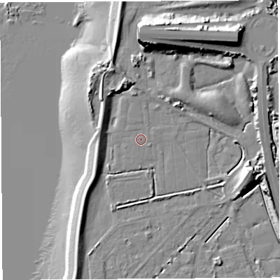 Shaded relief map of the ground around BS354NH, computed from Environment Agency LiDAR. The ground here sits at about 6 m above sea level and falls 21 m across the surrounding 800 m. Surface water reaching this point runs off ground lying to the north, 0.7 m higher.