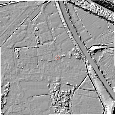 Shaded relief map of the ground around BS354NJ, computed from Environment Agency LiDAR. The ground here sits at about 6 m above sea level and falls 27 m across the surrounding 800 m. Surface water reaching this point runs off ground lying to the south-west, 3.6 m higher.