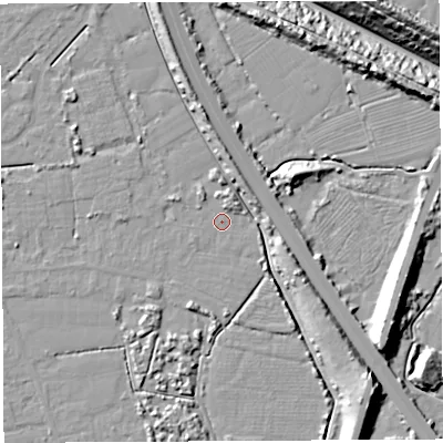 Shaded relief map of the ground around BS354NL, computed from Environment Agency LiDAR. The ground here sits at about 6 m above sea level and falls 26 m across the surrounding 800 m. Surface water reaching this point runs off ground lying to the north-north-east, 2.8 m higher.