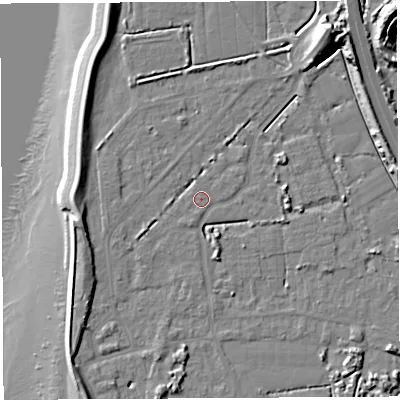 Shaded relief map of the ground around BS354NP, computed from Environment Agency LiDAR. The ground here sits at about 6 m above sea level and falls 17 m across the surrounding 800 m. Surface water reaching this point runs off ground lying to the south, 0.9 m higher.