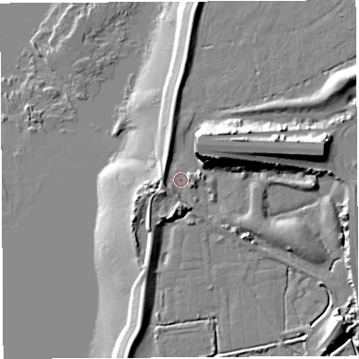 Shaded relief map of the ground around BS354NQ, computed from Environment Agency LiDAR. The ground here sits at about 7 m above sea level and falls 22 m across the surrounding 800 m. Surface water reaching this point runs off ground lying to the north-north-east, 12.0 m higher.